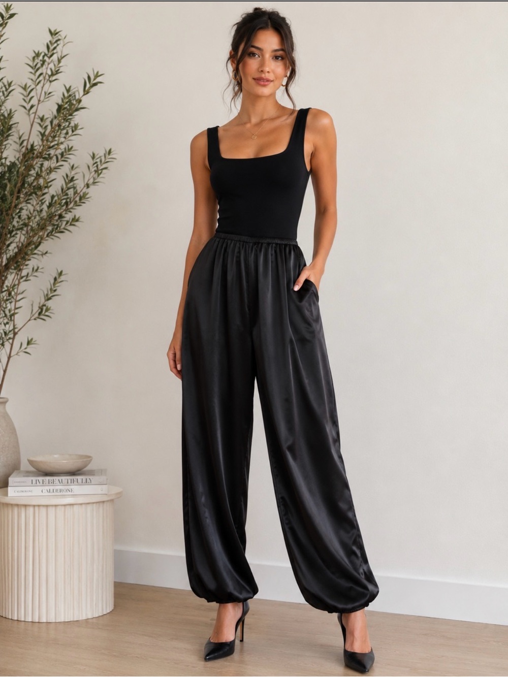 BLENCA Black Satin Harem Balloon Pants Size L NWT Y2K